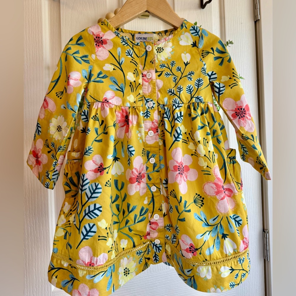 Floral Mustard colored Dress with Pink and Blue Accents